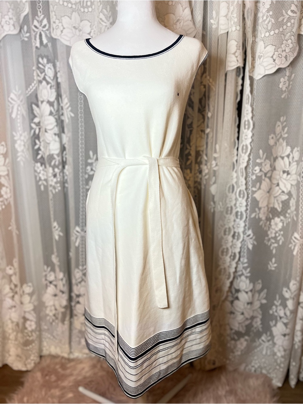 Tommy Hilfiger Cream Midi Dress with Navy Trim XXL